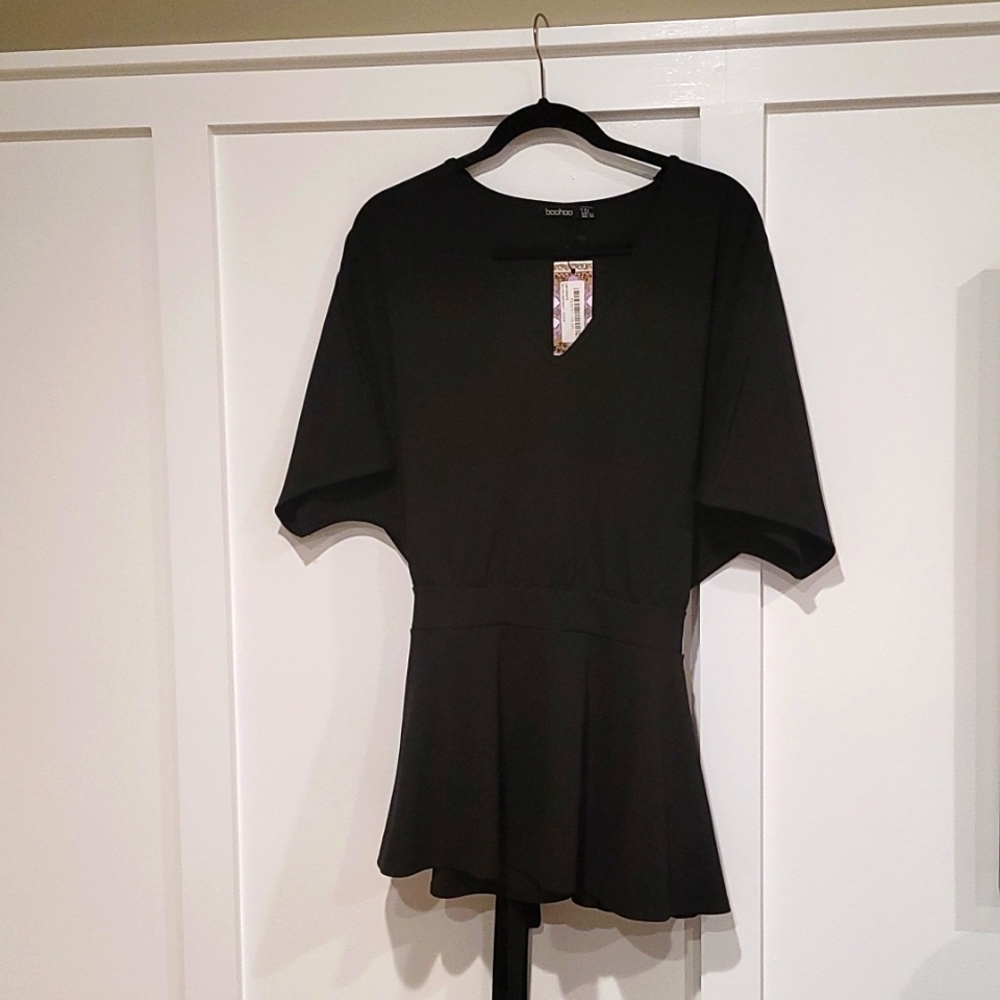NWT, Boohoo, Size 20 US, Black Ponte Peplum Blouse with Back Tie